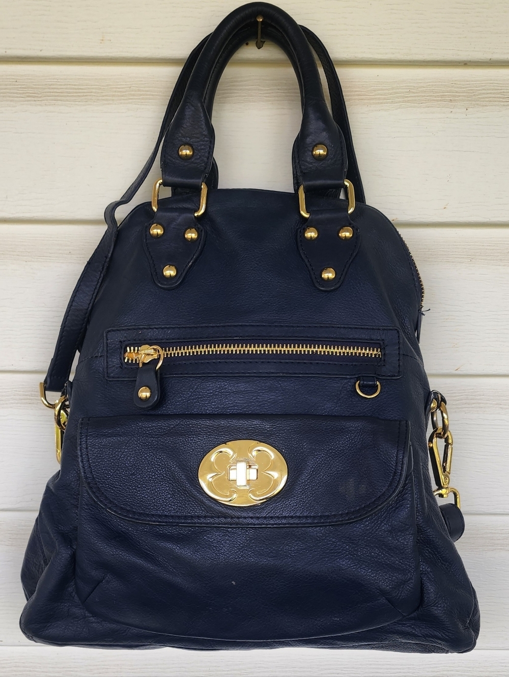 Emma Fox Navy Leather Shoulder Bag with Gold Hardware Yellow Floral Interior!!!